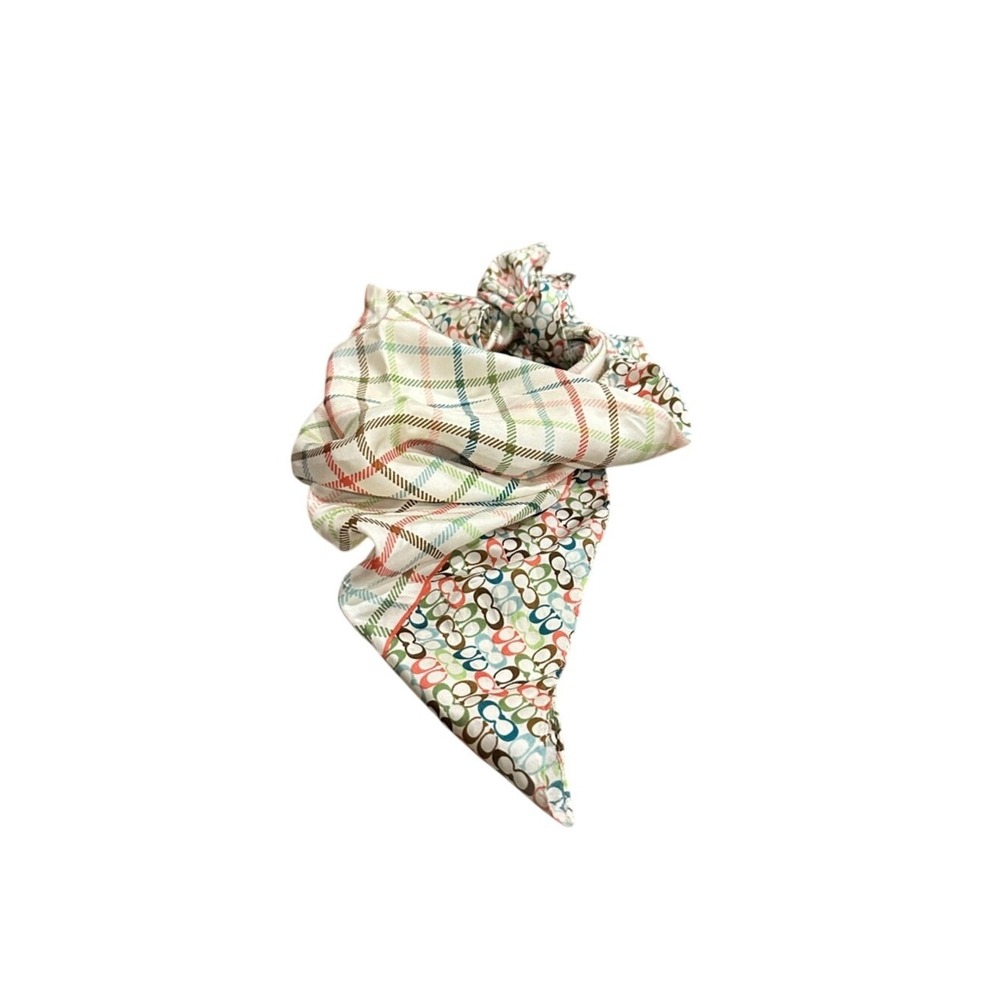 Coach Silk Square Scarf Multi Color Signature C Monogram Plaid Print 12x12